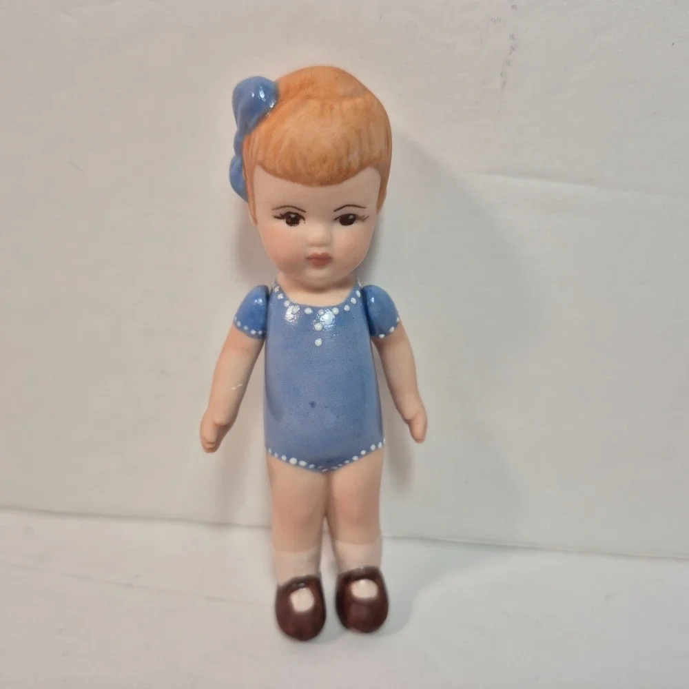 Bisque Doll Jointed Arms Reddish Light Brown Hair Blue Bow/Dress 4.5